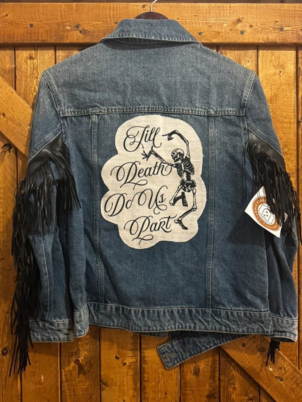 NWT Small Shop Denim Jean Jacket XXS Bride wedding Till Death Skeleton fringe